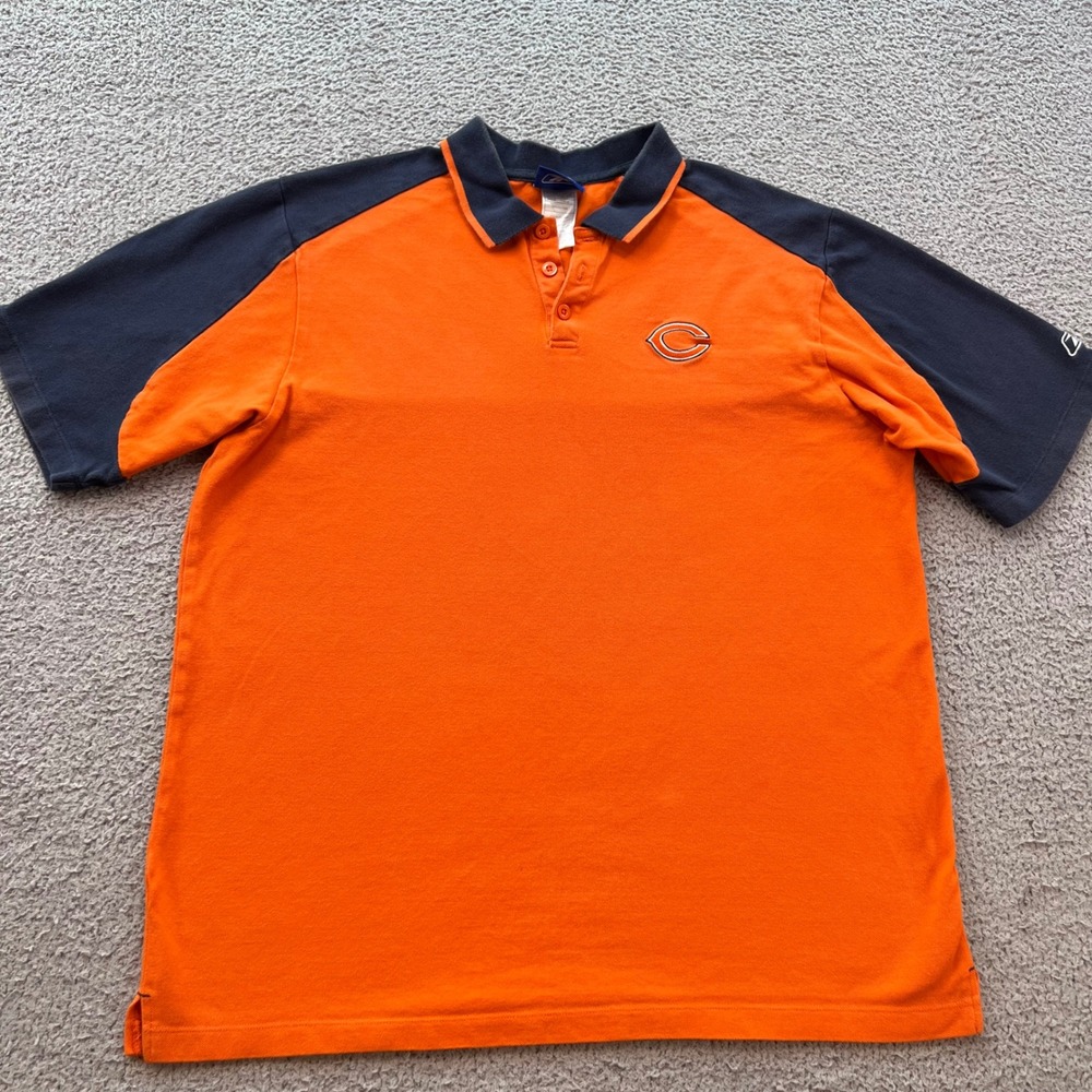 Reebok Chicago Bears NFL Polo Shirt Mens Large Orange Navy Blue Embroidered 6394